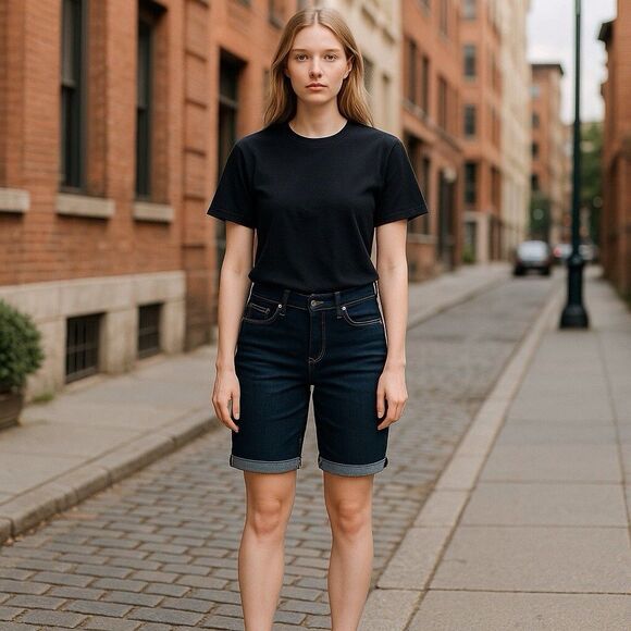 Levis Bermuda Shorts Womens 28 Dark Blue Denim Rolled Cuff Stretch Casual Jean - Picture 10 of 10